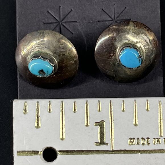 Vintage Sterling Silver & Turquoise Southwest Style Round Cufflinks Cuff Links - Picture 5 of 10